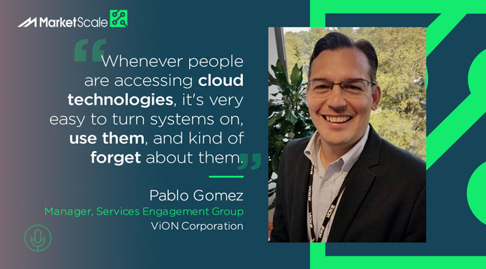 Headshot of Pablo Gomez over blue-purple gradient with quote