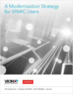 Modernization Strategy for SPARC Users Cover - Black and white photo with turquoise sans-serif type and ViON logo