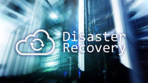 Data center with motion blur and cloud icon and white sans-serif text