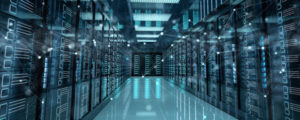 Data center with illustrated lines and dots overlaying
