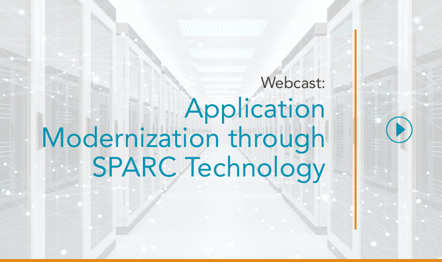 Turquoise sans-serif type and play button with orange vertical divider over data center background