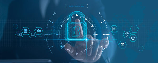 Photo of man in a suit touching a digital lock with icons floating around it