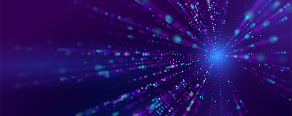 Network concept on dark background with lines of bright blue and purple dots of light