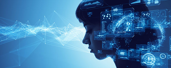 Photo collage of a woman's profile with illustrated overlaying data