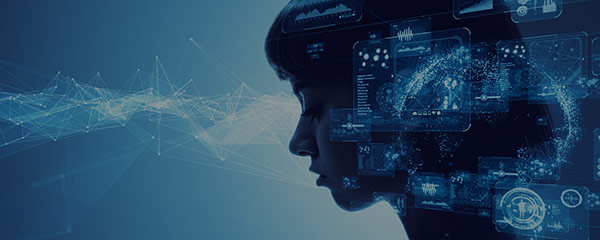 Photo collage of a woman's profile with illustrated overlaying data