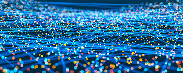 Abstract data network illustration with bright blue lines and colored dots