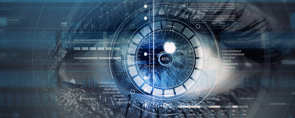 Collage of photo of an eye with illustrated data overlaying